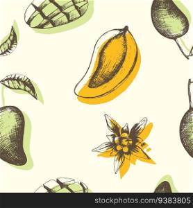 Seamless pattern with yellow mango fruits, slices and flowers on a white background. Hatching hand-drawn Thai mango. For textile design, kitchen, tablecloth, packaging, and wallpaper