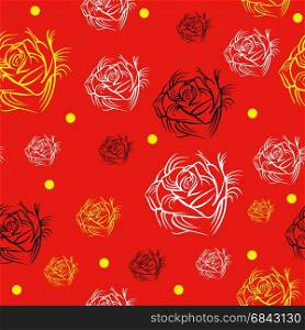 Seamless pattern with yellow, white and black roses on red background vector illustration