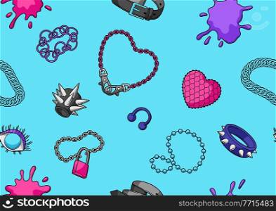 Seamless pattern with youth subculture symbols. Teenage creative illustration. Fashion jewelry and necklaces in cartoon style.. Seamless pattern with youth subculture symbols. Teenage creative illustration. Fashion necklaces in cartoon style.