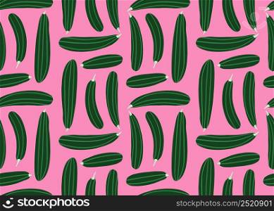 Seamless pattern with zucchini on pink background. Green courgette wallpaper. Creative vegetables endless wallpaper. Simple design for fabric, textile print, wrapping, cover. Vector illustration. Seamless pattern with zucchini on pink background. Green courgette wallpaper. Creative vegetables endless wallpaper.