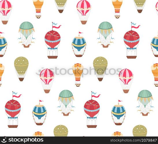 Seamless pattern witn vintage hot air balloons with ribbons and flags on white background. Wallpaper with retro air transport. Vector flat texture with cartoon balloons for fabric. Seamless pattern witn vintage hot air balloons with ribbons and flags on white background. Wallpaper with retro air transport. Vector flat texture