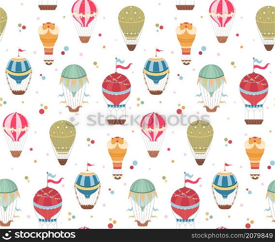 Seamless pattern witn vintage hot air balloons with ribbons, flags and confetti dots on white background. Wallpaper with retro air transport. Vector festive flat texture with cartoon balloons. Seamless pattern witn vintage hot air balloons with ribbons, flags and confetti dots on white background. Wallpaper with retro air transport. Vector festive flat texture