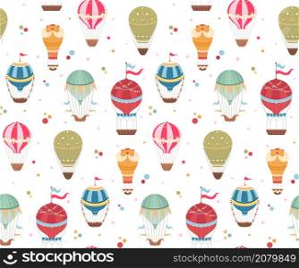 Seamless pattern witn vintage hot air balloons with ribbons, flags and confetti dots on white background. Wallpaper with retro air transport. Vector festive flat texture with cartoon balloons. Seamless pattern witn vintage hot air balloons with ribbons, flags and confetti dots on white background. Wallpaper with retro air transport. Vector festive flat texture