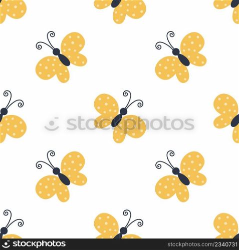 Seamless pattern yellow butterfly. Vector doodle illustration. Background for sewing clothes and print on fabric. Package paper design.