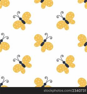 Seamless pattern yellow butterfly. Vector doodle illustration. Background for sewing clothes and print on fabric. Package paper design.