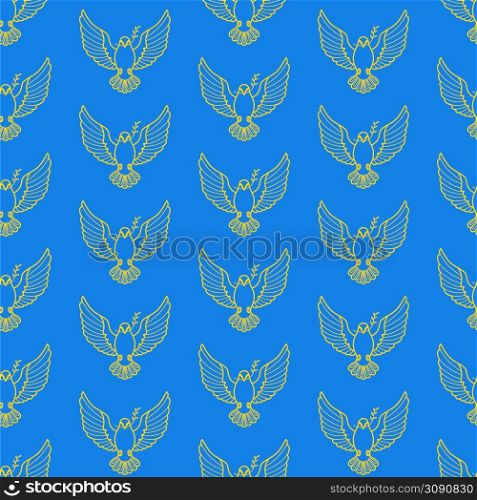 Seamless pattern yellow line art dove bird with a twig of a plant in its beak on blue background. Linear pigeon of peace. Cartoon draw design graphic vector illustration.. Seamless pattern yellow line art dove bird with branch of the plant vector