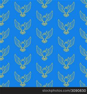 Seamless pattern yellow line art dove bird with a twig of a plant in its beak on blue background. Linear pigeon of peace. Cartoon draw design graphic vector illustration.. Seamless pattern yellow line art dove bird with branch of the plant vector