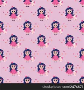 Seamless patterns. a princess girl with her tongue hanging out and long hair holds a unicorn toy in her hands on a pink background. Vector. kids collection for design, textile, packaging, wallpaper 