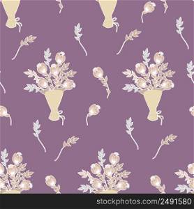 Seamless patterns. Bouquet of flowers, buds, branches and leaves on a dark pink background. Vector illustration. botanical flowers stickers for holiday decoration, Valentines Day, decor and decoration