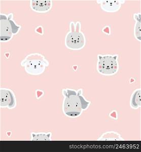 Seamless patterns. Childrens collection. Cute animal stickers - dog, hare and sheep, cat and horse on a pink background with hearts. For design, textile, packaging and wallpaper. Vector illustration