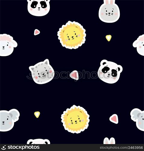 Seamless patterns. Childrens collection. Cute animal stickers - hare and sheep, gray cat and koala, lion and panda on a blue background. For design, textiles, packaging, wallpaper. Vector illustration