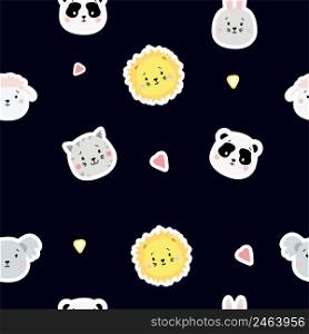 Seamless patterns. Childrens collection. Cute animal stickers - hare and sheep, gray cat and koala, lion and panda on a blue background. For design, textiles, packaging, wallpaper. Vector illustration