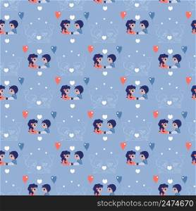 Seamless patterns. Childrens collection. Cute children angels - a girl and a boy with balloons. Colored and white outline drawing on a blue background. Vector. For valentines, textiles, packaging