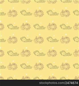 Seamless patterns. Cute baby in pajamas sleeps on a pillow. Decorative illustrations on a yellow background. outline. Vector. Kids collection for textiles, decoration, decor, textiles and wallpaper