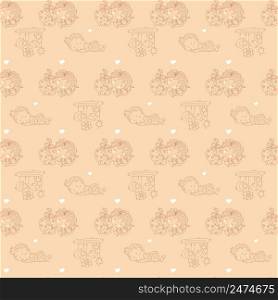 Seamless patterns. Cute baby in pajamas sleeps on a pillow. Decorative illustrations on a light orange background with toys and rattles. outline. Vector. Kids collection for textiles, decor, textiles