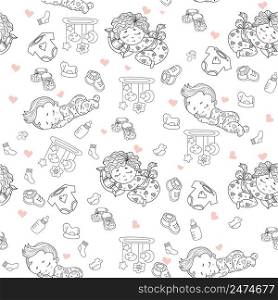 Seamless patterns. Cute baby in pajamas sleeps on pillow. Decorative drawings of babies with toys and rattles, nipples, clothes, shoes on a white background. outline. Vector. Kids collection