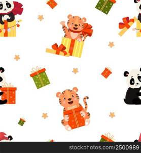 Seamless patterns. Cute panda and tiger with big gift on white background with Christmas decor. Vector illustration. For the New Year decor and design, wallpaper, packaging, textiles, kids collection