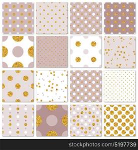 Seamless patterns gold polka dots set. Vector illustration