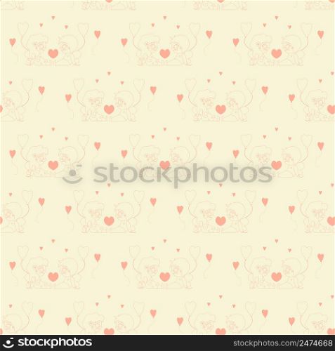 Seamless patterns. Kids collection. Cute children angels - a girl and a boy with balloons. outline drawing on light yellow background. Vector. For valentines, textiles, packaging, wallpaper and decor