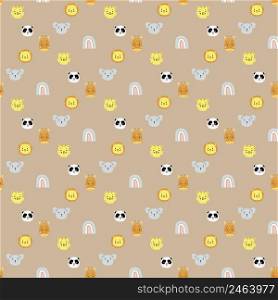Seamless patterns. Kids collection in Scandinavian style. Cute animals - giraffe and panda, koala, lion and tiger and rainbow on a beige background. For design, textile, decoration, wallpaper. Vector