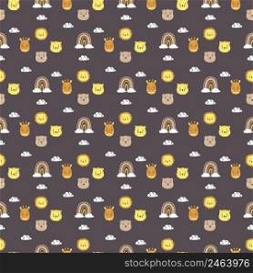 Seamless patterns. kids collection in the Scandinavian style. Cute animals - giraffe and bear, lion and tiger and rainbow with clouds on a brown background. For design, textiles and wallpaper. Vector