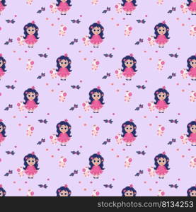 Seamless patterns. Little girl princess with her tongue hanging out and holding unicorn toy in her hands on  light purple background. Vector. kids collection for design, textile and packaging