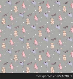 Seamless patterns. Pets yoga. cute colored puppies athletes stand in asanas and meditate. Vector illustration on a gray background. Dog yoga. For design, packaging, textiles and wallpaper, decoration