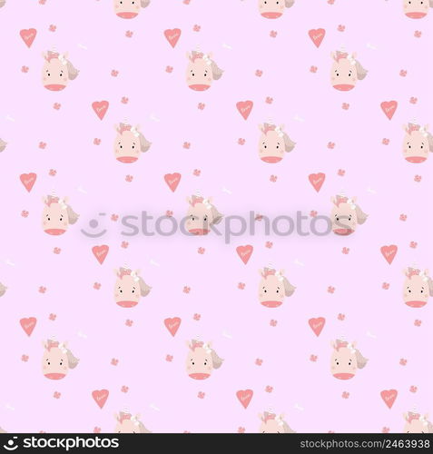 Seamless patterns. Scandinavian style kids collection. Cute girl unicorn with hearts and flowers on a light pink background. Vector illustration. For Childrens design, textile, packaging and wallpaper