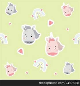 Seamless patterns. Scandinavian style kids collection. Cute stickers unicorn girl and horse boy and rainbow with hearts on a light background. Vector. For design, textile, packaging and wallpaper