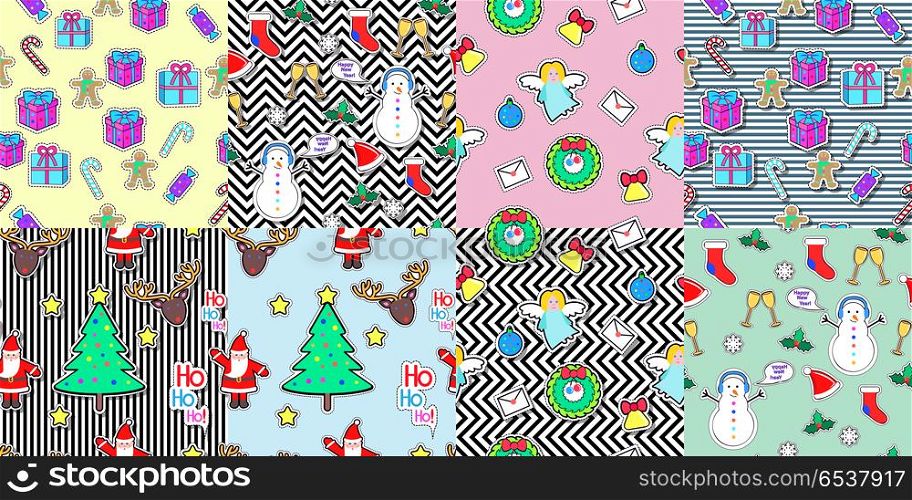 Seamless patterns set in flat style. Xmas elements. Set of seamless patterns with snowman, socks, speech bubble, mistletoe, snowflakes, glasses, gift boxes, candies, angel, wreath, santa clause, bell tree Christmas elements in cartoon style Vector