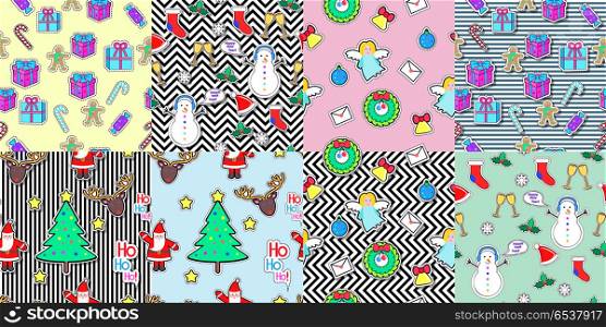 Seamless patterns set in flat style. Xmas elements. Set of seamless patterns with snowman, socks, speech bubble, mistletoe, snowflakes, glasses, gift boxes, candies, angel, wreath, santa clause, bell tree Christmas elements in cartoon style Vector