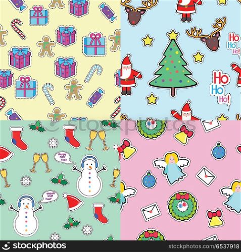 Seamless patterns set in flat style. Xmas elements. Gifft boxes, candies, angel, wreath, bell tree santa clause, snowman, socks, speech bubble, mistletoe, snowflakes, glasses seamless patterns set Christmas elements in cartoon style Vector illustration