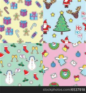 Seamless patterns set in flat style. Xmas elements. Gifft boxes, candies, angel, wreath, bell tree santa clause, snowman, socks, speech bubble, mistletoe, snowflakes, glasses seamless patterns set Christmas elements in cartoon style Vector illustration