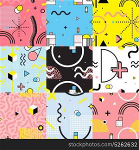 Seamless Patterns Set Memphis Style. Set of colorful seamless patterns in memphis style with wavy lines and geometric figures isolated vector illustration