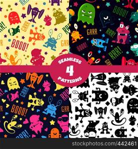 Seamless patterns set with cute cartoon monsters. Vector background with characters smile, alien halloween illustration. Seamless patterns set with cute cartoon monsters