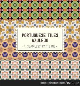 Seamless patterns set with Portuguese tiles. Realistic vector illustration of Azulejo. Mediterranean style. Green and red colors.. Seamless patterns set with Portuguese tiles. Azulejo