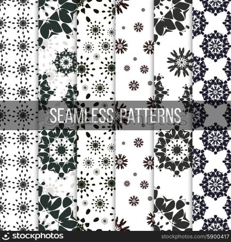 Seamless patterns with abstract flowers. Repeating modern stylish geometric backgrounds. Simple black monochrome vector textures.. Seamless patterns with abstract flowers. Repeating modern stylish geometric backgrounds. Simple black monochrome vector textures