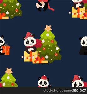Seamless patterns with Christmas bear. Cute panda with gift and Christmas tree in Santa hat on dark blue background. Vector illustration. For the New Year, decor and design, packaging