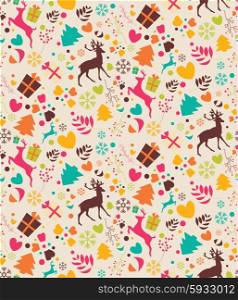 Seamless patterns with Christmas trees, reindeers, gift boxes and snowflakes, vector illustration