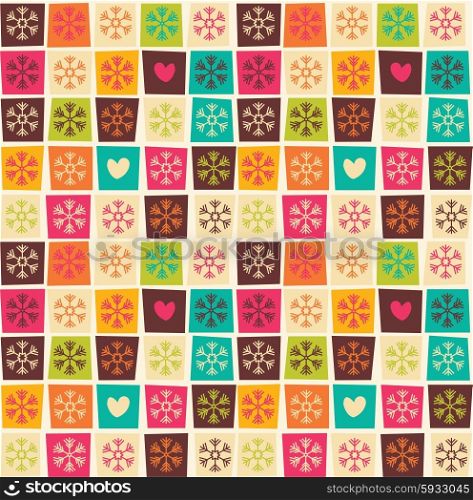 Seamless patterns with colorful squares and snowflakes, vector illustration