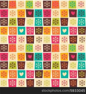 Seamless patterns with colorful squares and snowflakes, vector illustration