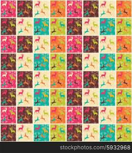 Seamless patterns with colorful squares, Christmas reindeers and snowflakes, vector illustration