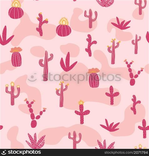 Seamless patterns with different cacti. Bright repeating texture with pink cacti. Background with desert plants. Seamless patterns with different cacti. Bright repeating texture with pink cacti. Background with desert plants.