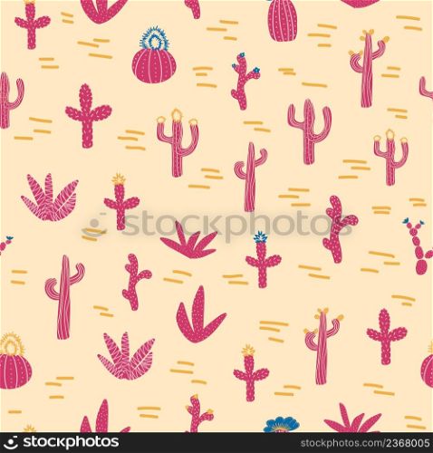 Seamless patterns with different cacti. Bright repeating texture with pink cacti. Background with desert plants. Seamless patterns with different cacti. Bright repeating texture with pink cacti. Background with desert plants.