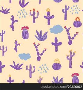 Seamless patterns with different cacti. Vibrant repeating texture with purple cacti. Background with desert plants. Seamless patterns with different cacti. Vibrant repeating texture with purple cacti. Background with desert plants.