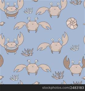 Seamless patterns with marine life. Cute funny crabs and corals on a light blue background. Vector. For design, decoration, printing, packaging, textiles and wallpaper