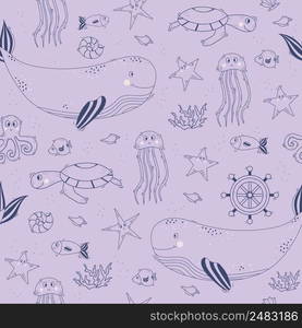 Seamless patterns with marine life. Cute marine animals - whale and jellyfish, turtle and octopus, starfish and fish, shells and corals on a lilac background. Vector illustration. Line, outline 