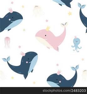 Seamless patterns with sea animals. Cute blue and pink whale, jellyfish and octopus on a light background. Vector. For design, decoration, printing, textiles, packaging and wallpaper