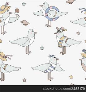 Seamless patterns with seabirds. Cute funny seagulls in beachwear on a light background. Vector. For design, decor, printing, packaging, textiles and wallpaper