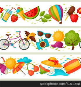 Seamless patterns with stylized summer objects. Background made without clipping mask. Easy to use for backdrop, textile, wrapping paper.